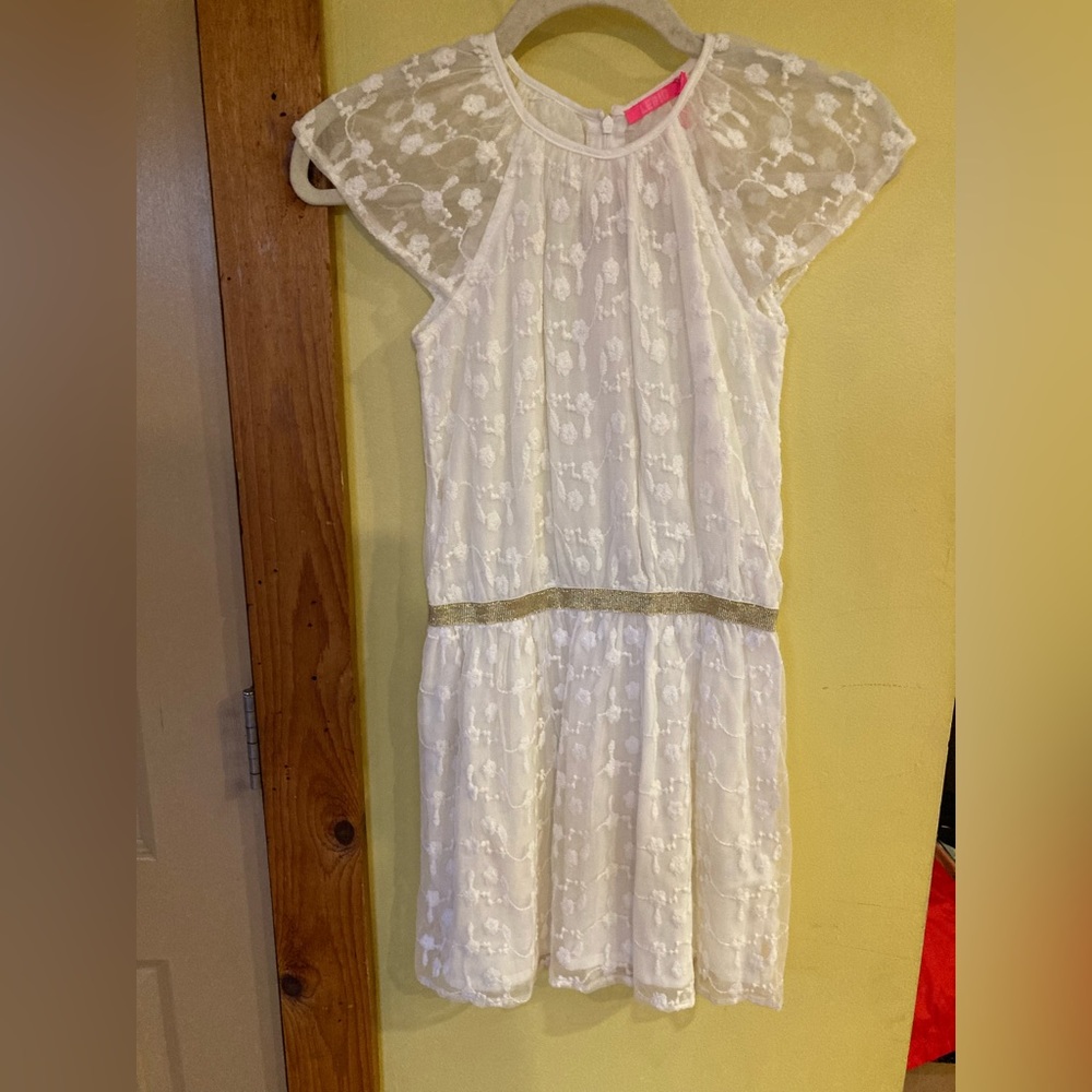 Girls LEBIG white floral lace gold short sleeve dress size 7/8 - NWT